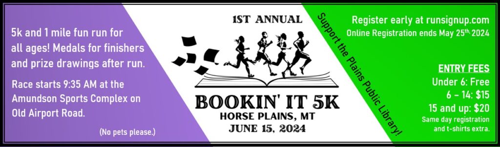 Support the Plains Public Library at the first annual Bookin' It 5k and 1 mile fun run for all ages! Register early online at runsignup.com